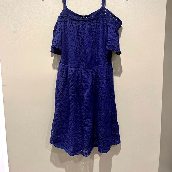 New Boho Navy Blue Floral Lace Cold Shoulder Dress Spring Summer Cute Vacation - Picture 4 of 12